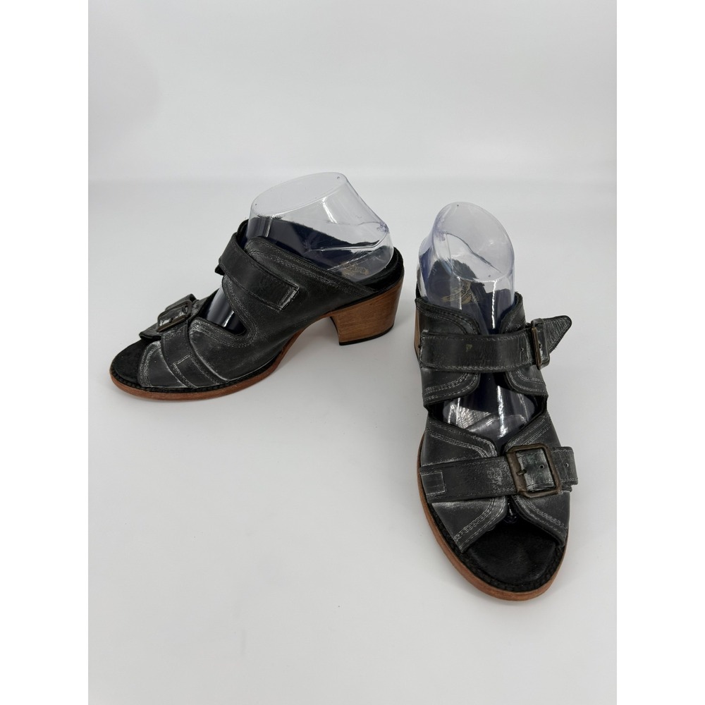 Freebird by Steven Caprice Buckle Sandals Wood Heel Womens 9  Leather Black Boho - Picture 2 of 13